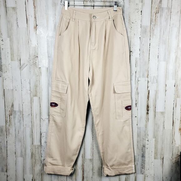 Shein Patched Detail Flap Pocket Wide Leg Jeans Khaki Size Small 4 - Picture 1 of 12